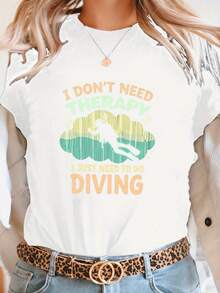 Women's Graphic Tee With "I Don't Need A Break, I Just Need To Dive" Print - Casual Black Short-Sleeved Round Neck Top With Diver And Bubble Design, Medium Stretch, Machine Washable, Comfortable For All Seasons, Women's Medium Stretch Fabric Blouse. - 白色 - 查看 1