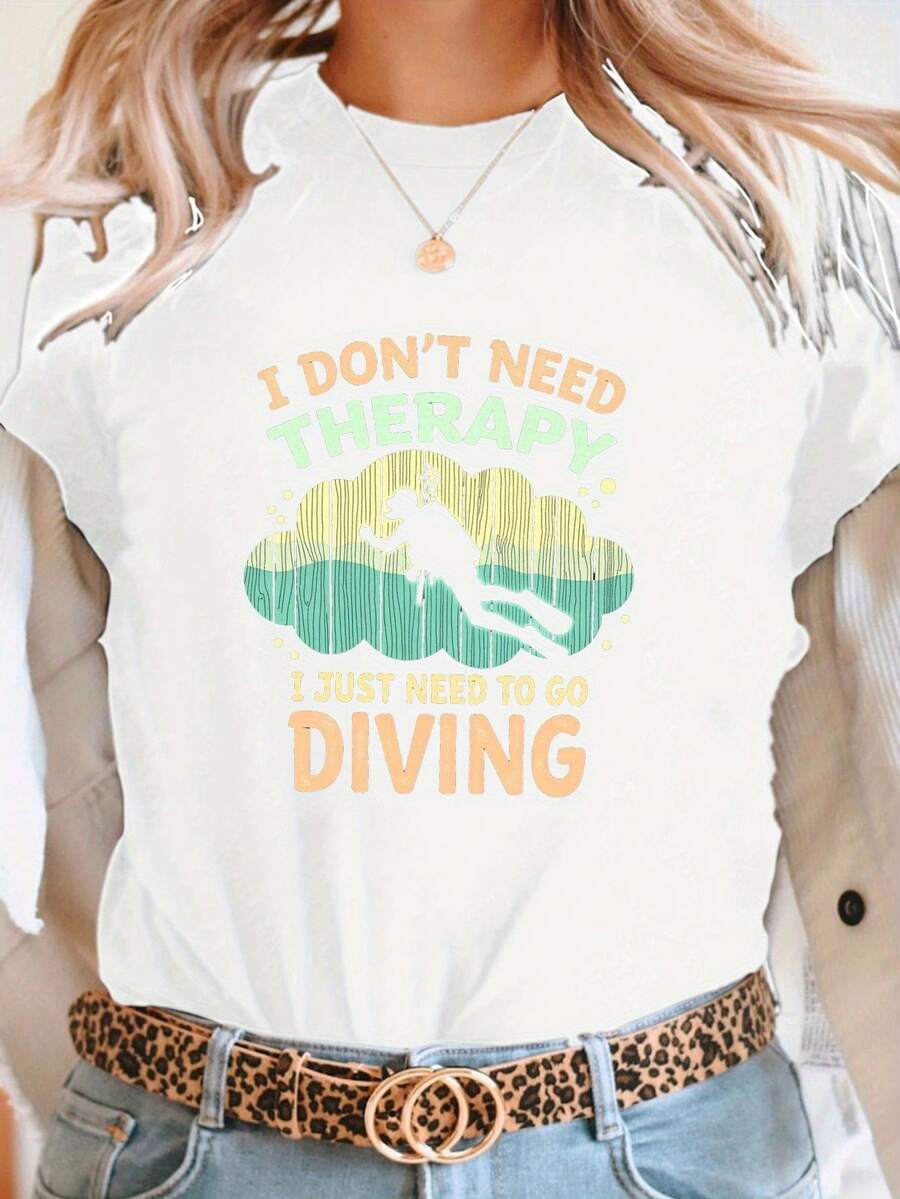 Women's Graphic Tee With "I Don't Need A Break, I Just Need To Dive" Print - Casual Black Short-Sleeved Round Neck Top With Diver And Bubble Design, Medium Stretch, Machine Washable, Comfortable For All Seasons, Women's Medium Stretch Fabric Blouse. - 白色 - 查看 1