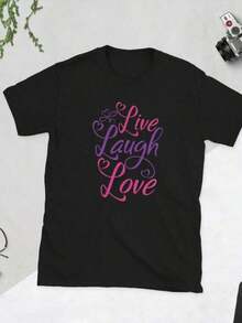 1 Piece Women's Love Print T-Shirt, Valentine's Day Print T-Shirt, Pink Heart T-Shirt, Love T-Shirt For Women, 180g, 100% Cotton - 黑色 12 - 查看 11