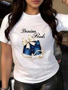 Women's Denim And Pearl Fringe Bow T-Shirt - White Short Sleeve Cowboy Style Blouse, Breathable, Round Neck, Casual Summer Machine Washable, With Denim Inspired Details, Casual Blouses For Ladies. - 白色 - 查看 6