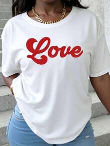 Women's Love Graphic T-Shirt, Casual Summer Top, Valentine's Day Gift, Red Print White Crewneck Tee - 白色 - 查看 7