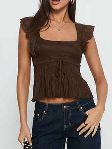 Womens Lace Ruffled Crop Tops Y2k Square Neck Flying Sleeve Babydoll Tank Top Tie Front Flared Hem Boho Blouse - 巧克力色 - 查看 2