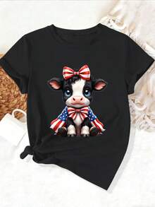 Women's Casual Sports T-Shirt - Black Short Sleeve T-Shirt With Cute Calf Illustration - Elastic And Round Neck, Machine Washable, Comfortable Fit And Suitable For All Seasons, For Daily Wear And Casual Activities. - 黑色 - 查看 1