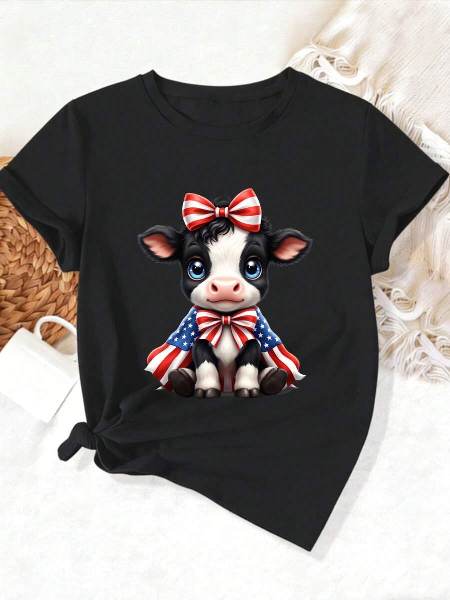 Women's Casual Sports T-Shirt - Black Short Sleeve T-Shirt With Cute Calf Illustration - Elastic And Round Neck, Machine Washable, Comfortable Fit And Suitable For All Seasons, For Daily Wear And Casual Activities. - 黑色 - 查看 1