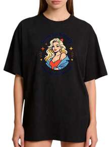 Camiseta básica de cuello redondo estilo retro casual para mujer, tallas S-2XL, 100% negra y blanca, de corte largo con estampado "Crecimiento Silencioso, Impresionando al Mundo", adecuada para uso familiar y en pareja, ropa de verano, regalo de graduación, ecológica. - Negro - Ver 1