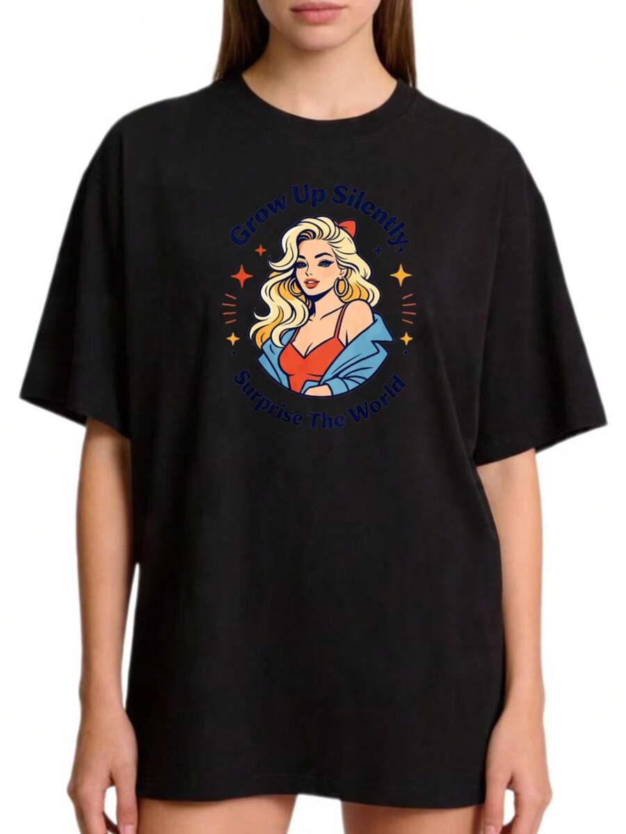 Camiseta básica de cuello redondo estilo retro casual para mujer, tallas S-2XL, 100% negra y blanca, de corte largo con estampado "Crecimiento Silencioso, Impresionando al Mundo", adecuada para uso familiar y en pareja, ropa de verano, regalo de graduación, ecológica. - Negro - Ver 1