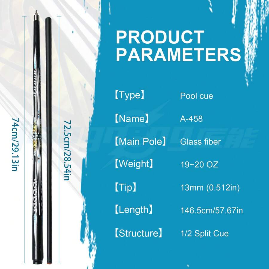 1/2 Split Glass Fiber Billiard Pool Cue, 19-20Oz 13mm Tip Cue For Home & Game Room - Black - View 1