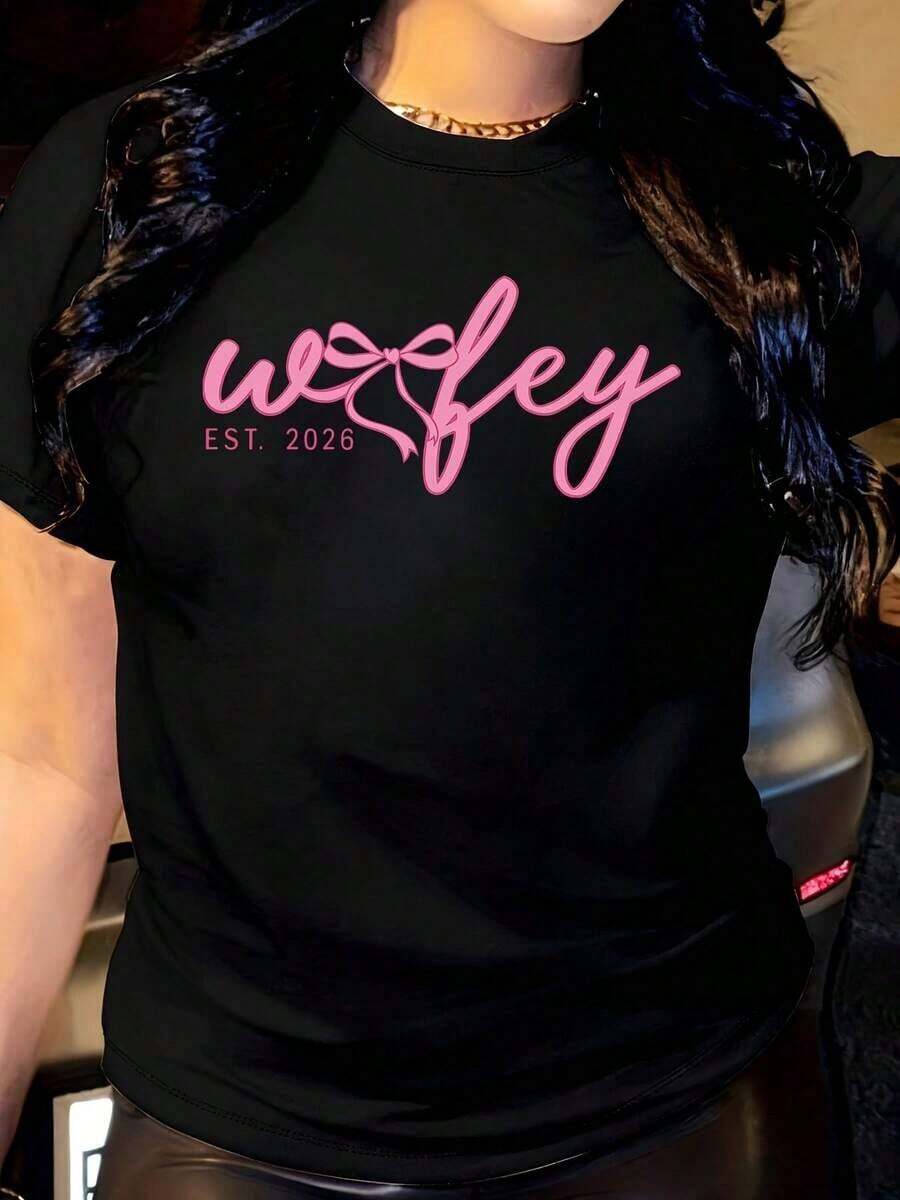 Soft Wefey Women's Casual Round Neck Short Sleeve T-Shirt, Suitable For Casual Sports And Daily Wear, Soft And Comfortable Fit With Stylish Pink Logo Design, Perfect For Daily Wear And Light Activities, Casual Blouse For Women, Blouses For Women, Cotton T-Shirts For Women. - 黑色 - 查看 1