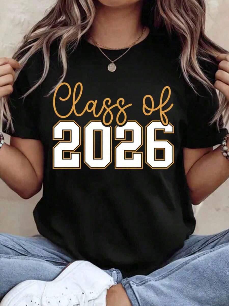 Class Of 2026 Graduation T-Shirt For Students, High School Senior Gift, College Graduation Party Outfit, Unisex Casual T-Shirt, 220g - Urban Vintage Style, Unisex Loose Fit Short Sleeve Crew Neck Cotton T-Shirt, 100% Cotton - 黑色 - 查看 1