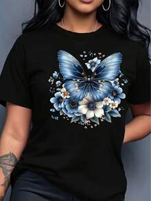 Camiseta Deportiva Casual para  con Colorido Diseño de Mariposas y Flores - Camiseta Elástica de Cuello Redondo, Lavable aáquina, Ajuste Cómodo y Perfecta para Todas las Estaciones, para Uso Diario y Ocasiones Informales. - Negro - Ver 6