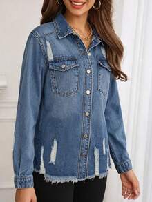 Fashion Women's Long Sleeve Denim Jacket, Distressed Mid-Length Coat With Button Pockets And Ripped Hem Design, Essential Denim Jacket For Autumn - Medium Wash - View 6