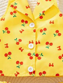 Set de 2 piezas de top sin mangas con estampado de cerezas y lazo colorido + falda plisada para niñas jóvenes, adecuado para vacaciones y uso al aire libre - Amarillo - Ver 7