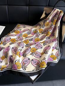 1件女款優雅復古印花薄緞面仿絲方巾，波希米亞風領巾披肩，輕盈舒適方巾 - 彩色 - 查看 5
