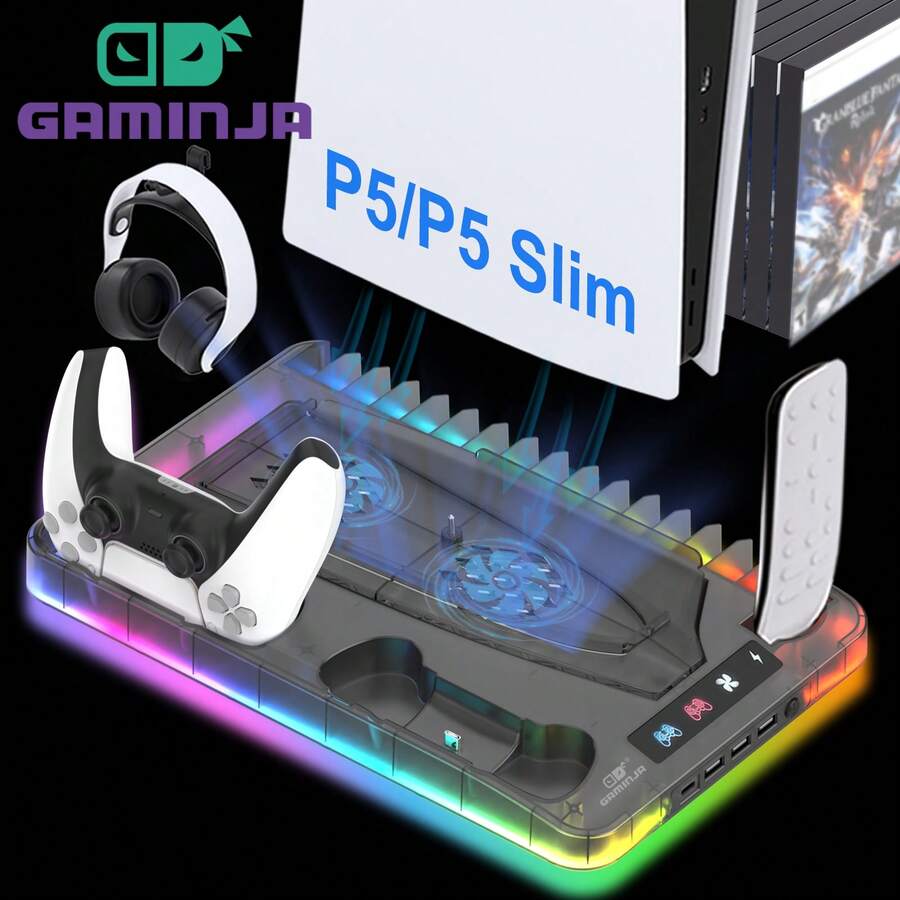 GAMINJA Disc/Digital Edition Console Cooling Stand With RGB Lights, Includes Dual Controller Charging Dock, Cooling Fan, Remote Control/Game Disc Storage, USB Hub, Headphone Hook