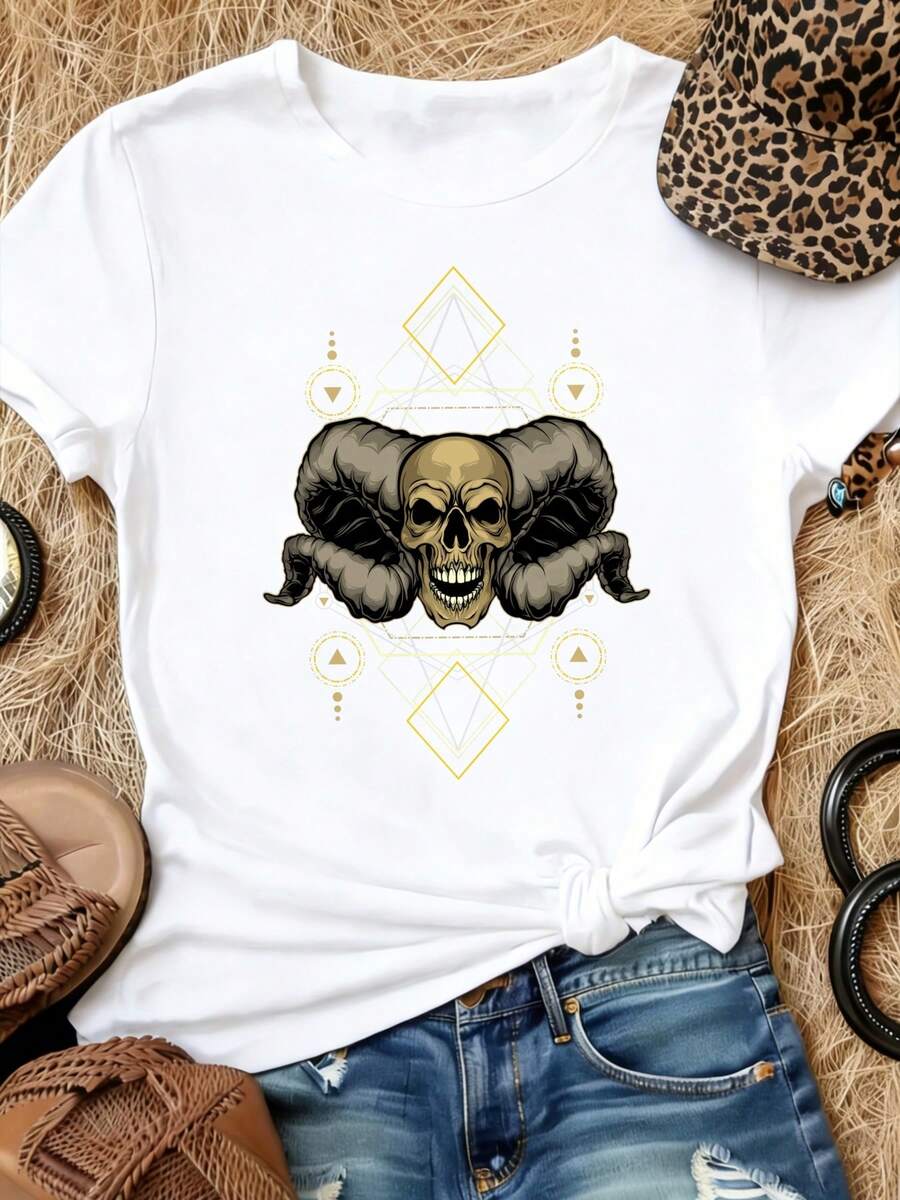 Blusa Casual para Mujer, Estilo Simple para Uso Diario, Camiseta de Mujer para el Año Nuevo 2026 | Diseño geométrico de calavera y cuerno de carnero, traje casual de verano, de secado rá - Blanco - Ver 1
