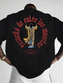 Men's Religious T-Shirt With Jesus Print On The Back - Black Robe Design With Spanish Scripture, Lightweight Christian Church Wear, Casual Outfit - T-Shirt With Matthew 16:25 Bible Verse, Summer Set, Graphic Design On The Back, Breathable Fabric, Church Clothing, Scripture-Inspired T-Shirt, Soft Material, Religious Clothing, Faith Community - 黑色 - 查看 1