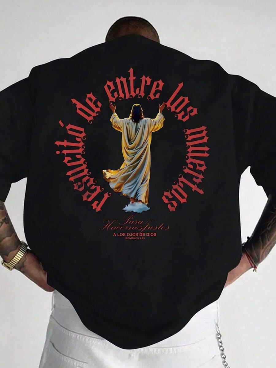 Men's Religious T-Shirt With Jesus Print On The Back - Black Robe Design With Spanish Scripture, Lightweight Christian Church Wear, Casual Outfit - T-Shirt With Matthew 16:25 Bible Verse, Summer Set, Graphic Design On The Back, Breathable Fabric, Church Clothing, Scripture-Inspired T-Shirt, Soft Material, Religious Clothing, Faith Community - 黑色 - 查看 1