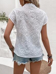 Camisa De Mujer De Manga Corta Con Detalles De Encaje - Blanco - Ver 3