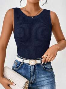 Frenchy Chaleco de suéter sin mangas retorcido de punto sólido para mujeres, casual y versátil para atuendos diarios - azul real - Ver 5