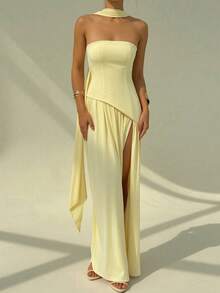 Elegant Solid Color Spaghetti Strap Wedding Dress - Yellow - View 4