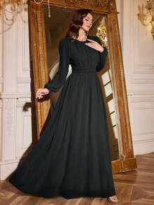 Vestido de dama de honor de manga linterna de unicolor elegante y extra largo - Negro - Ver 7