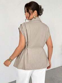 de traje delgada de botón de metal casual y elegante a juego para mujer talla grande, de lino marrón/Chaqueta de traje de imitación de lino/Blusa con lazo plisado/Ropa casual de negocios para mujer/Ropa de maestra/Ropa retro para mujer/Co - Albaricoque - Ver 2