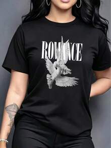 Women's Casual Short-Sleeved Crew Neck T-Shirt With Dove Print, A Versatile And Stylish Garment For Everyday Wear. - 黑色 - 查看 1