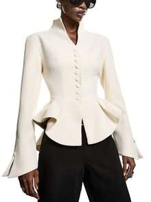 2026 Nueva Moda Minimalista Primavera/Verano Elegante Blazer Ajustado de Cintura Caqui para Mujer, Camisa de Negocios para Damas, Adecuado para el Trabajo, Se Puede Usar como Blazer, Blusa, Uniforme de Trabajo/Casual de Negocios/Atuendo de Oficina - Albaricoque - Ver 3