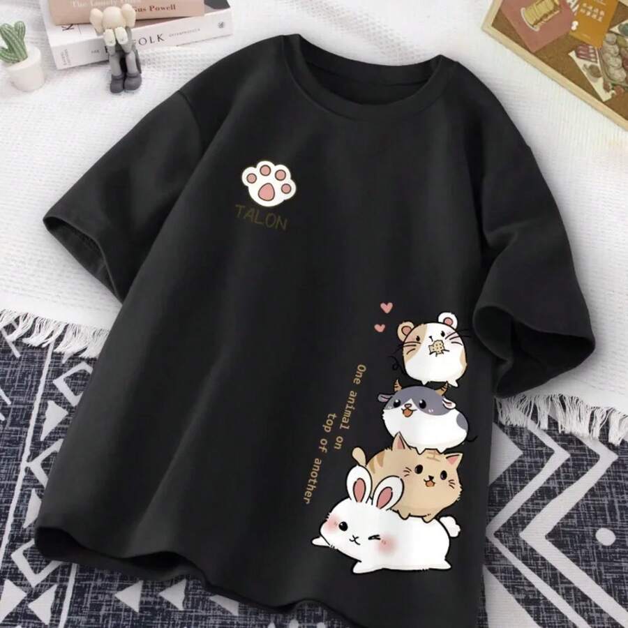 Camiseta de manga corta Universal con estampado de gato Simple, moda de verano, holgada, informal, talla grande - Negro - Ver 1