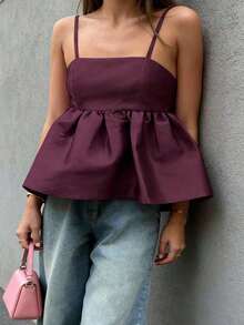 2026 Primavera/Verano Elegante Parte Superior de Tirantes Finos con Cuello Cuadrado y Espalda Descubierta en Color Rosa con Volantes en el Bajo y Conjunto Morado, Ropa de Vacaciones para Mujer, Estilo Callejero, Atuendo de Cumpleaños, Ropa de Crucero, Vestimenta de Vacaciones, Conjunto de Mujer, Ropa de Verano, Moda Primaveral, Atuendo de Concierto - rojo púrpura - Ver 7