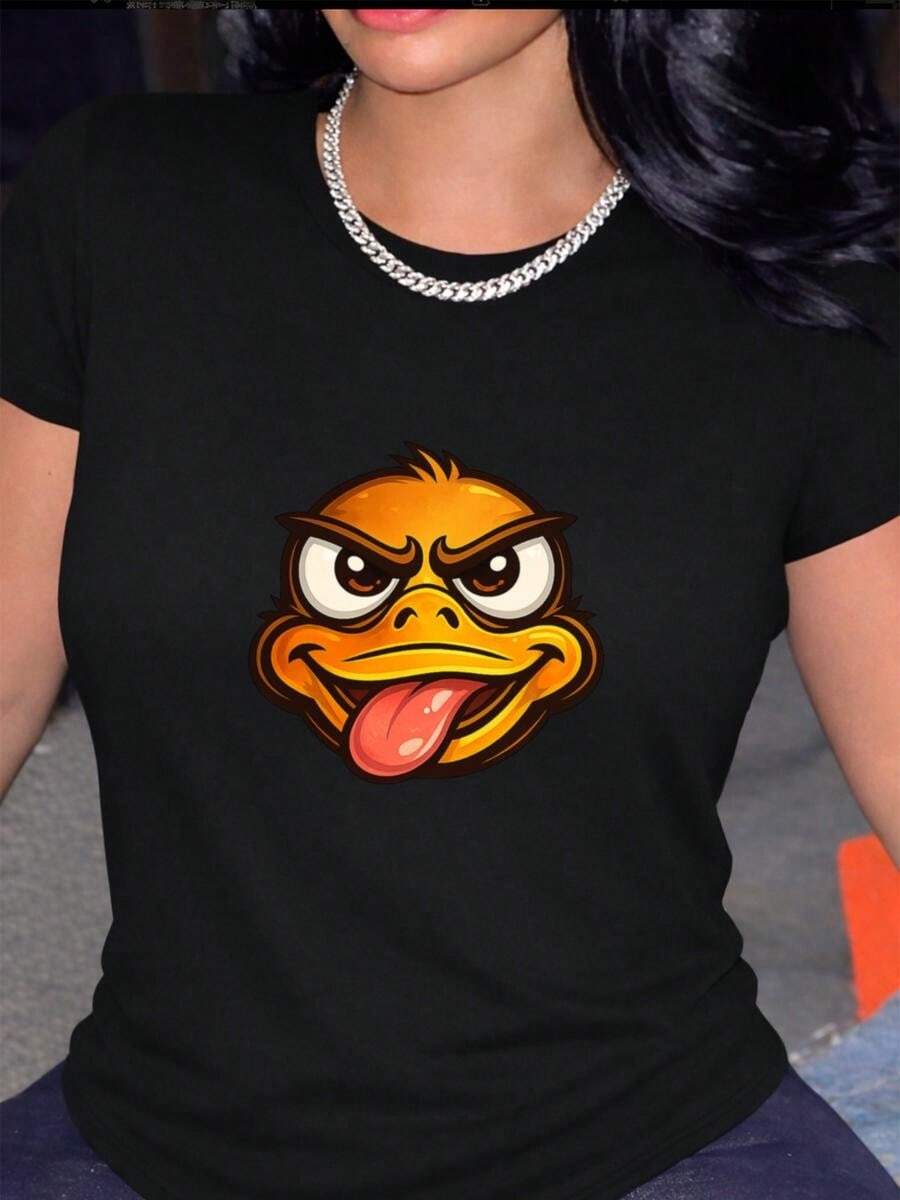 1 Piece Of 100% Cotton Short-Sleeved T-Shirt, Casual Round Neck With Print, Funny Duck Sticking Out Tongue Expression, Breathable Short Sleeve For Daily Wear - 黑色 - 查看 1