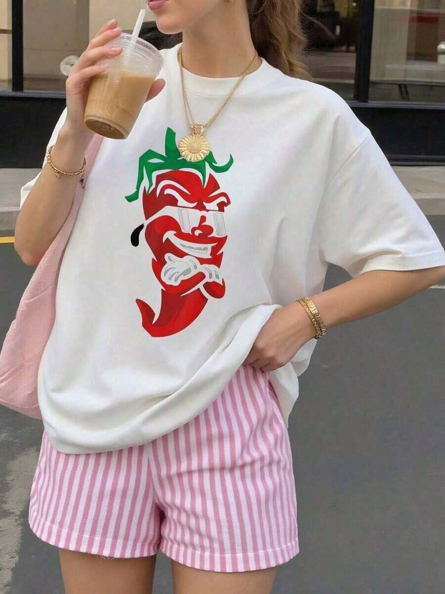 Ropa de Mujer; Camisetas de Verano; Camiseta de Algodón Puro SWBG con Estampado de Pimiento Rojo Picante - Ideal para Amantes de la Comida Mexicana - Blanco - Ver 1