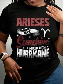 T-Shirt With The Phrase "Aries Are Sun Mixed With Hurricane" For Astrology Lovers And People Born Under The Sign Of Aries, Perfect For Birthday Gifts And Zodiac Themed Events - Vintage Street Style, Unisex, 100% Cotton, Short Sleeve, Round Neck. - 黑色 - 查看 7