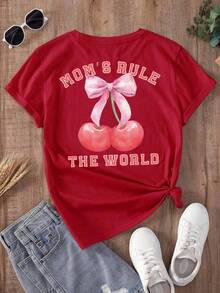 Women's Oversized Red Summer 2026 T-Shirt, Two Designs Available (Mixed Hearts And Cherries With Phrase). Loose-Fitting Youth T-Shirt With Heart And Cherry Prints, To Combine With Leggings Or Skinny Jeans. - YH582-紅色 - 查看 3