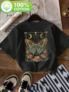 2026Camiseta de Mujer Cottagecore Whimsigoth con Estampado de Mariposa y Botánico - 100% Algodón, Manga Corta y Cuello Redondo, Diseño de Luna Creciente y Flores, Semi-Transparente, Ropa Casual para Primavera y Verano, Tejido Transpirable, Textura Suave, - Negro - Ver 10