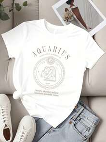 Women's Casual Loose Fit T-Shirt With Aquarius Zodiac Sign Print, Astrological Design With The Planet Uranus And The Element Of Air, Text: Innovative, Independent, Intelligent, Humanitarian, Open-Minded And Visionary For Daily Use And Spirituality Lovers. - 白色 - 查看 2