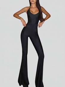Sedessea Women's New Arrival Solid Color Sexy Versatile Lace-Up Backless Jumpsuit Black Elegant Summer - Black - View 1