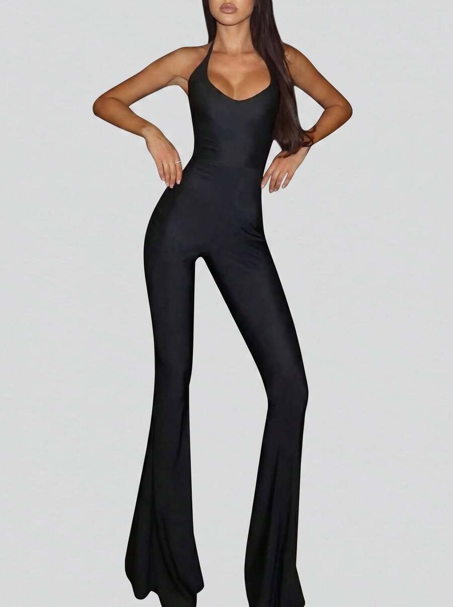 Sedessea Women's New Arrival Solid Color Sexy Versatile Lace-Up Backless Jumpsuit Black Elegant Summer - Black - View 1