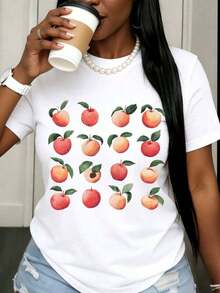 Women's Casual White T-Shirt With Fruit Print, Casual Summer Top With Pearls And Graphic Design, Coffee Style For Everyday Wear, Fashion - 白色 - 查看 1