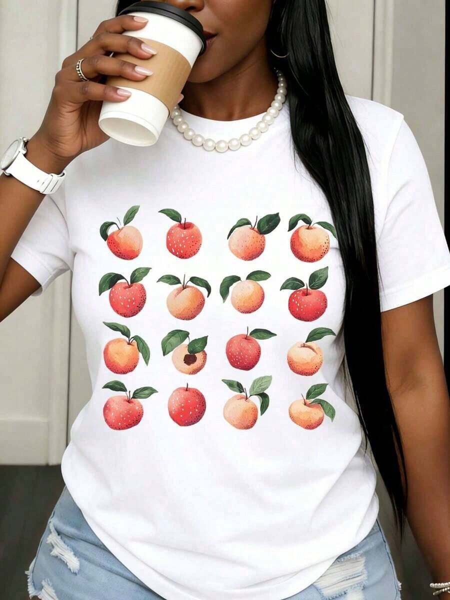 Women's Casual White T-Shirt With Fruit Print, Casual Summer Top With Pearls And Graphic Design, Coffee Style For Everyday Wear, Fashion - 白色 - 查看 1