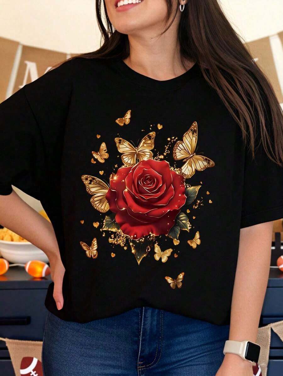 Women's Rose And Butterfly Print T-Shirt, Casual Summer Top, Fashionable Everyday T-Shirt, Gift Idea For Her, Cotton T-Shirt, Ideal Gift - 黑色 - 查看 1