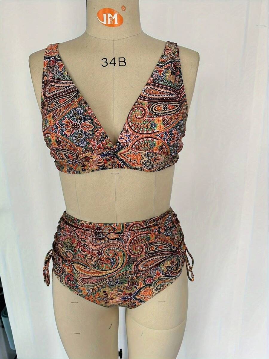 25 Trajes de baño de dos piezas de alta gama para mujer, de cintura alta, sin espalda, bikini estampado, traje de baño de talla grande más vendido. - Color de la imagen - Ver 1