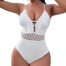 Bikini sexy para mujer con cuello halter, traje de baño de color sólido con detalle de encaje, diseño moderno - Blanco - Ver 3