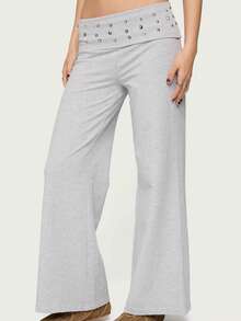 Womenacute;s Wide Leg Pants High Waist Folded Studded Waistline Black Loose Casual Pants - Gris - Ver 6