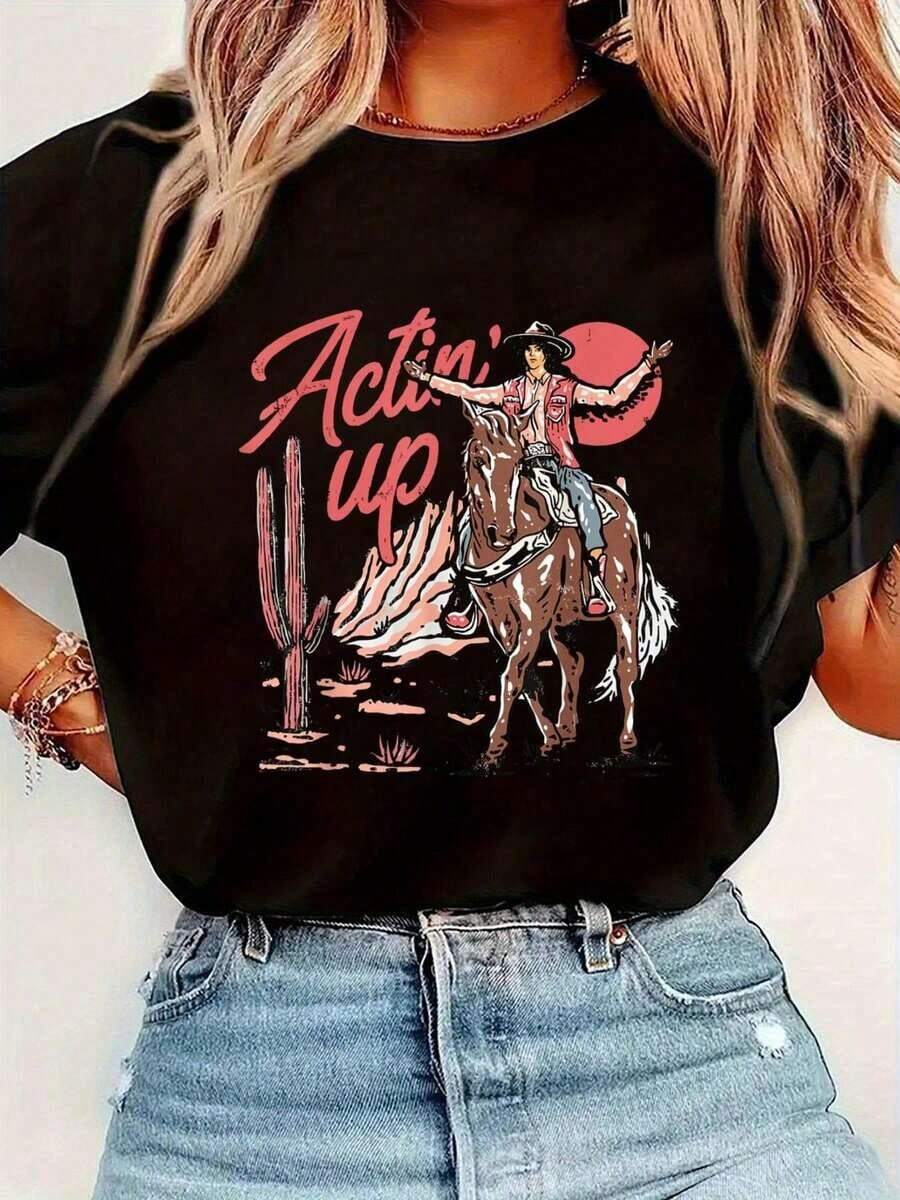 Camiseta Retro Actin' Up Cowgirl Rodeo Western Country para Mujer, Manga Corta, Cuello Redondo, Estilo Casual para Verano y Primavera, Ropa de Mujer Transpirable y Cómoda - Negro - Ver 1