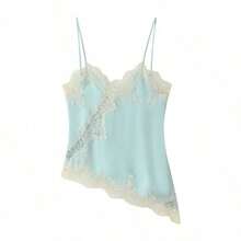 2026 MUMRAP Women's Solid Color Contrast Lace Asymmetric Sleeveless Tank Top, Elegant Loose Backless Casual Summer Top - 米色 - 查看 2