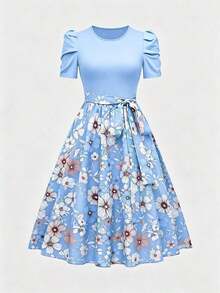Vestido de verano de longitud media con estampado floral elegante y patchwork para mujer - Celeste - Ver 1