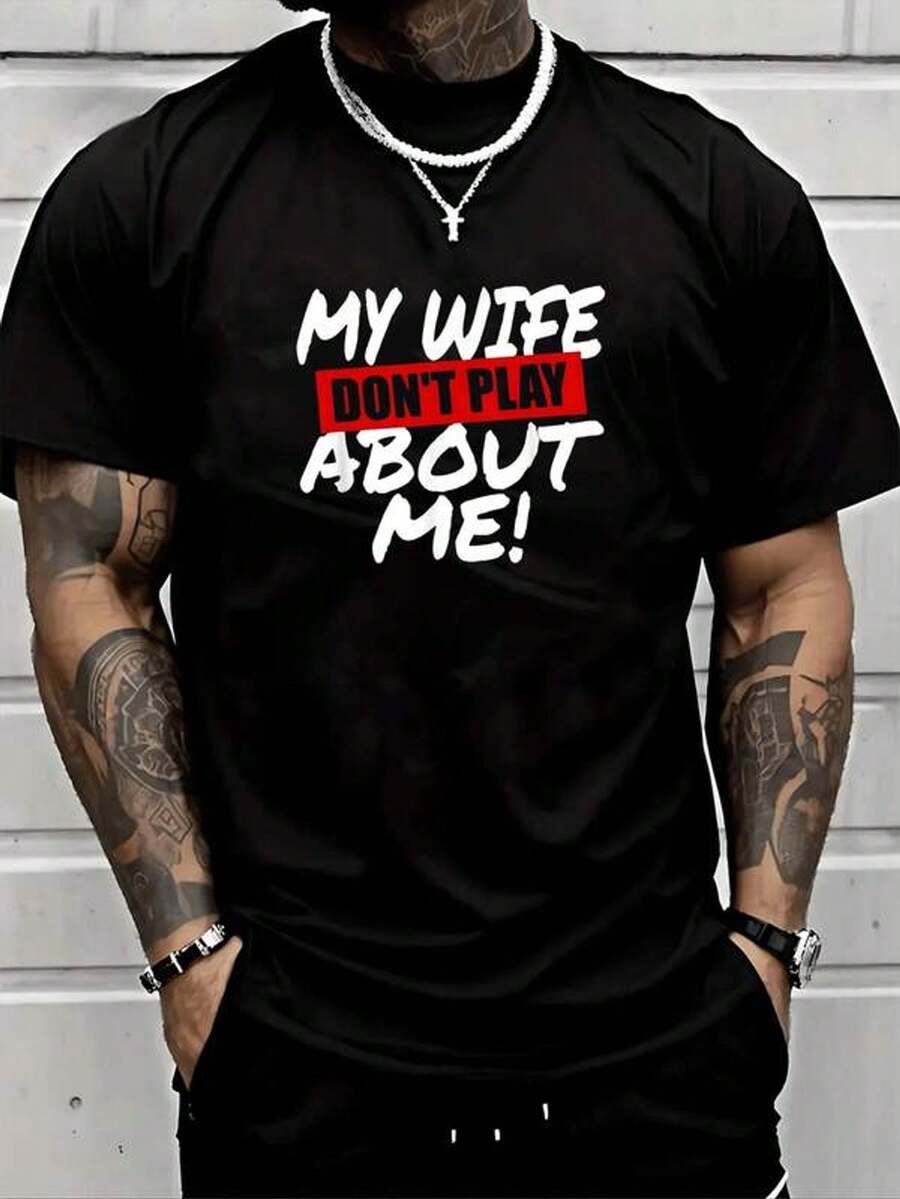 Mi esposa no se burla de mí, camiseta de algodón con estampado gráfico para hombre, camiseta con humor sarcástico para uso diario, suavidad y comodidad premium, excelente idea de regalo para esposos con estilo. - Negro - Ver 1