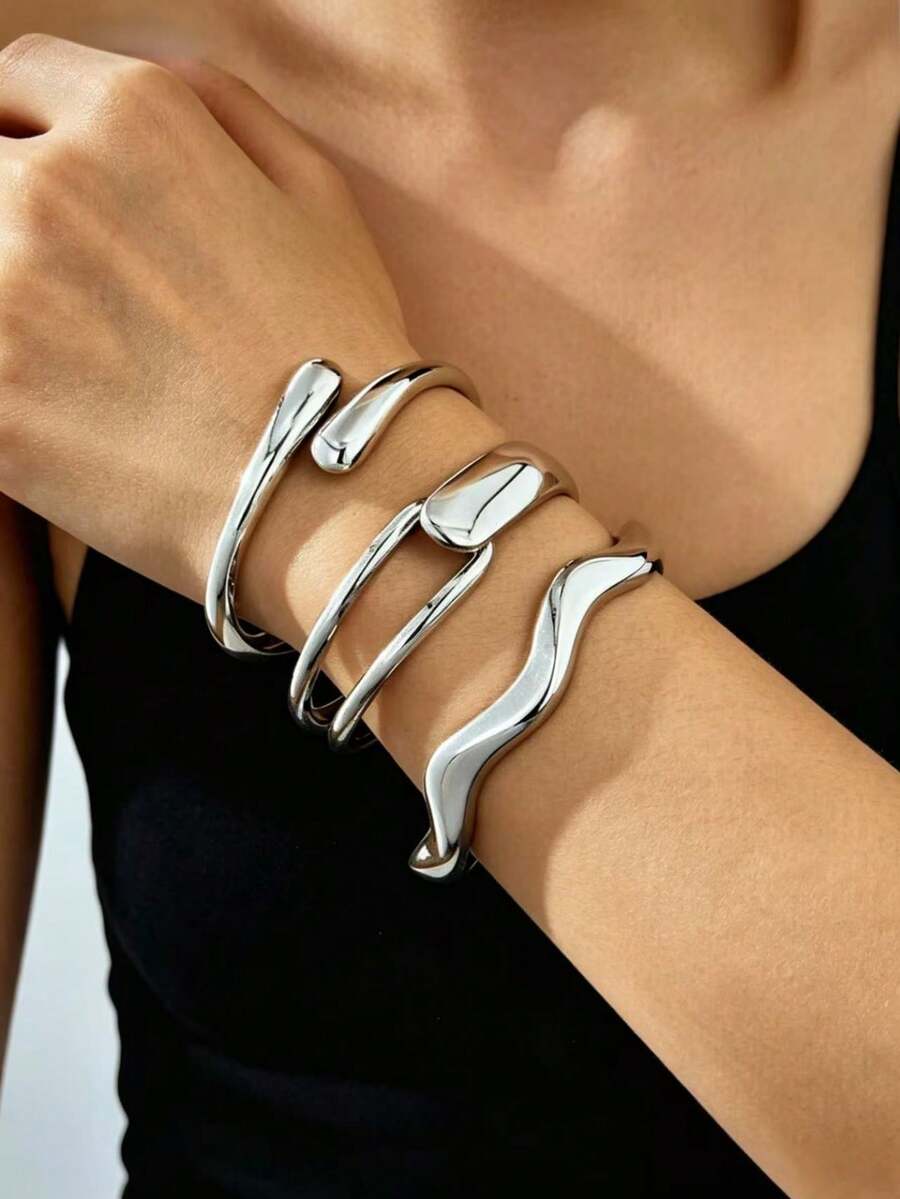 Bộ 3 vòng tay kim loại nặng, kiểu dáng tối giản, hình học, sóng, tre, hình dạng bất thường dành cho nữ, bộ vòng tay kim loại trơn và hợp kim kẽm dày dặn. - Sáng - Xem 1