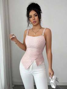 Top de camisola con decoración de cuentas, textura de tela, cintura fruncida y bajo asimétrico, estilo de vacaciones - Rosa - Ver 7